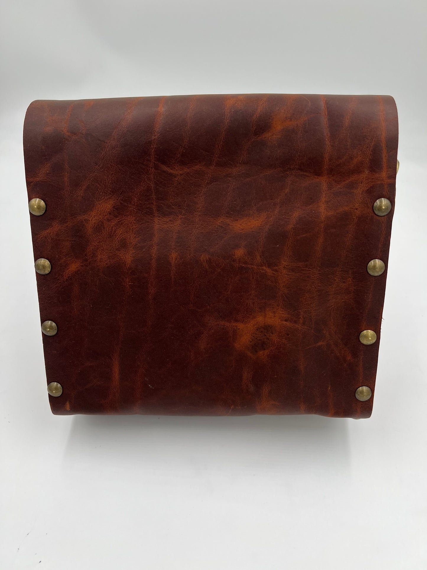 Dark brown crazy horse leather bag with oak sides and lace detail