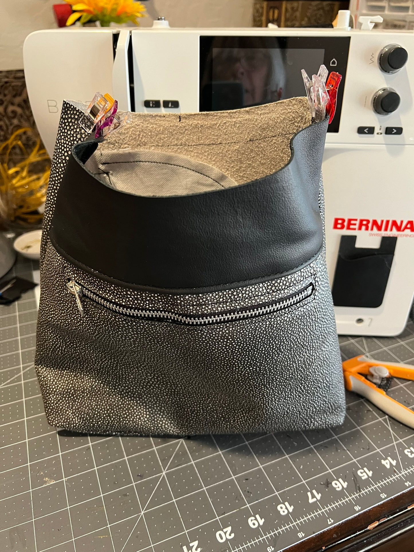 Black and white shagreen embossed leather shoulder or crossbody bag