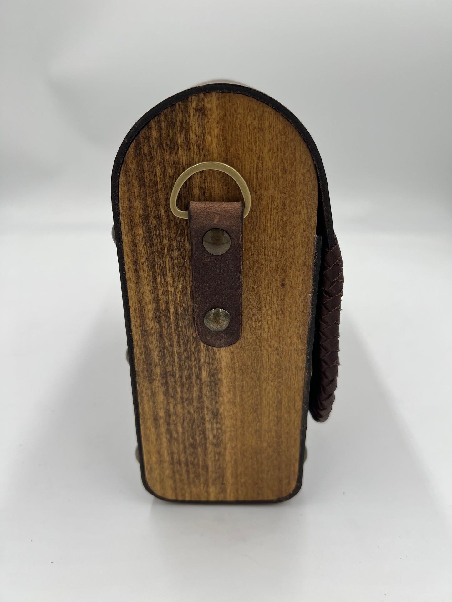 Designer leather and poplar wood crossbody bag with lace edging