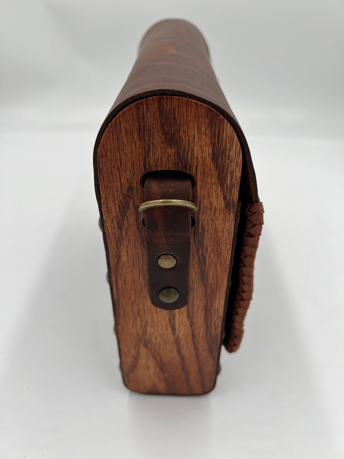 Dark brown crazy horse leather bag with oak sides and lace detail