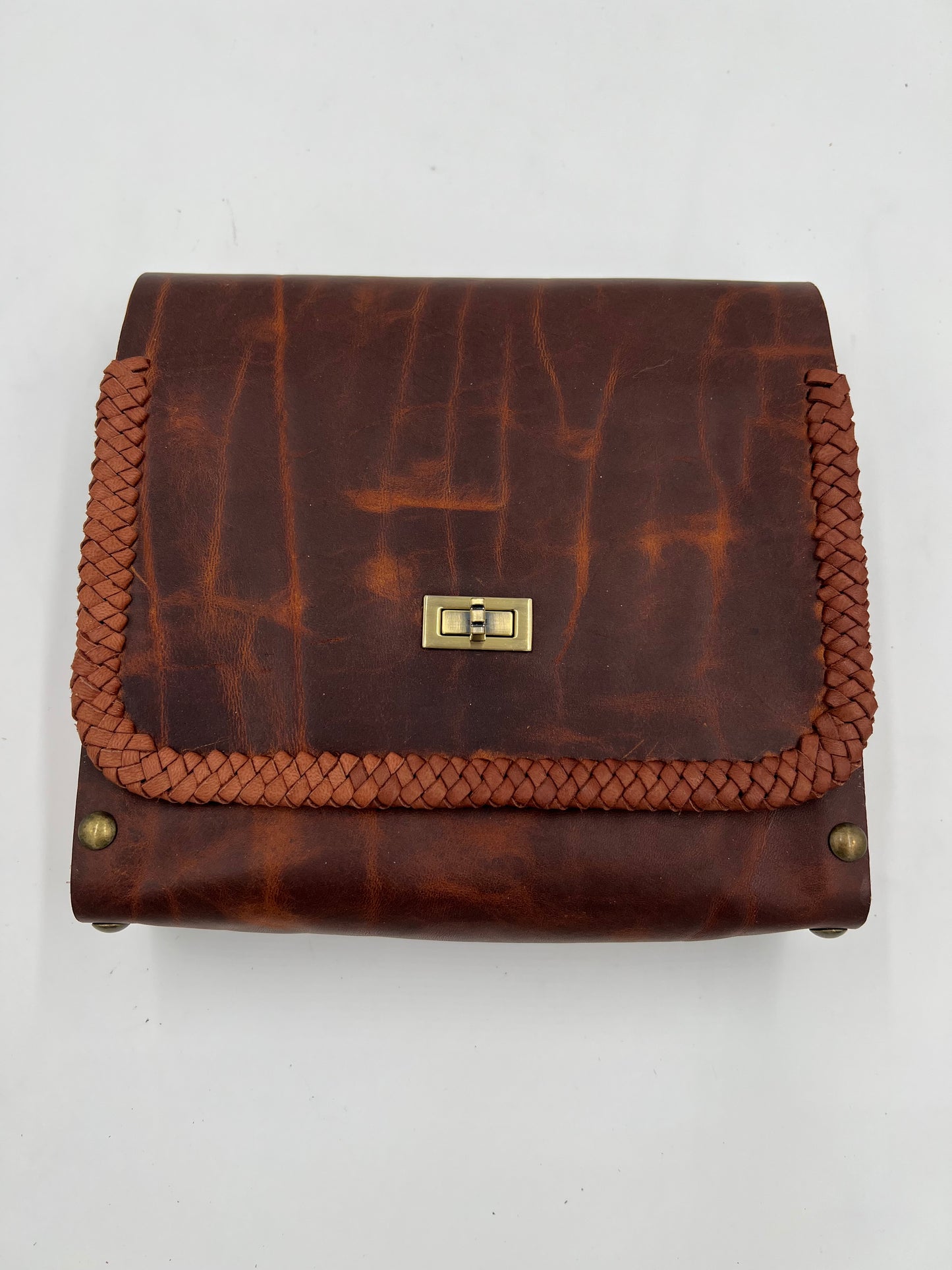 Dark brown crazy horse leather bag with oak sides and lace detail