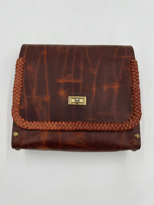 Dark brown crazy horse leather bag with oak sides and lace detail