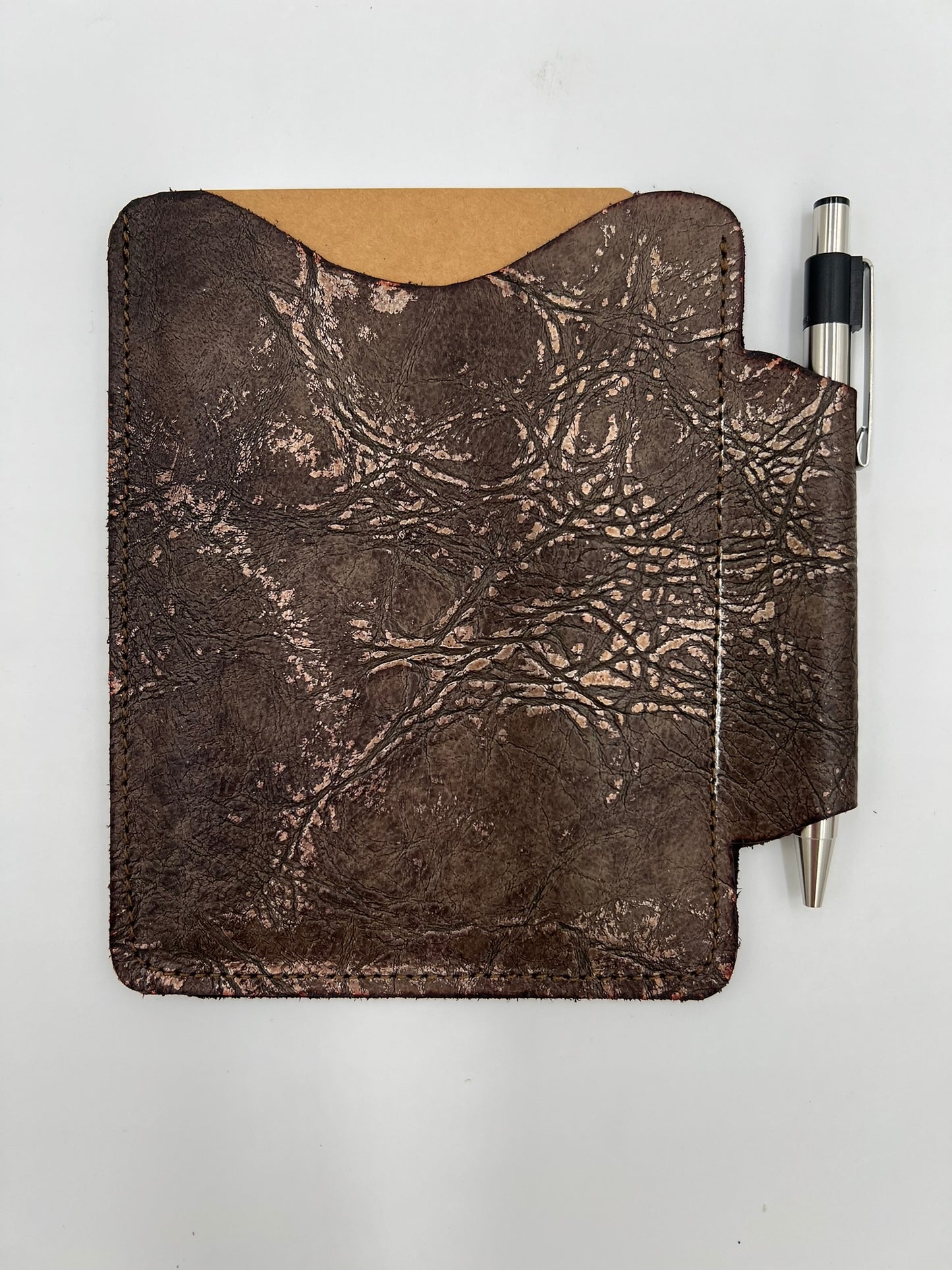 Handmade leather journal case with attached pen carrier