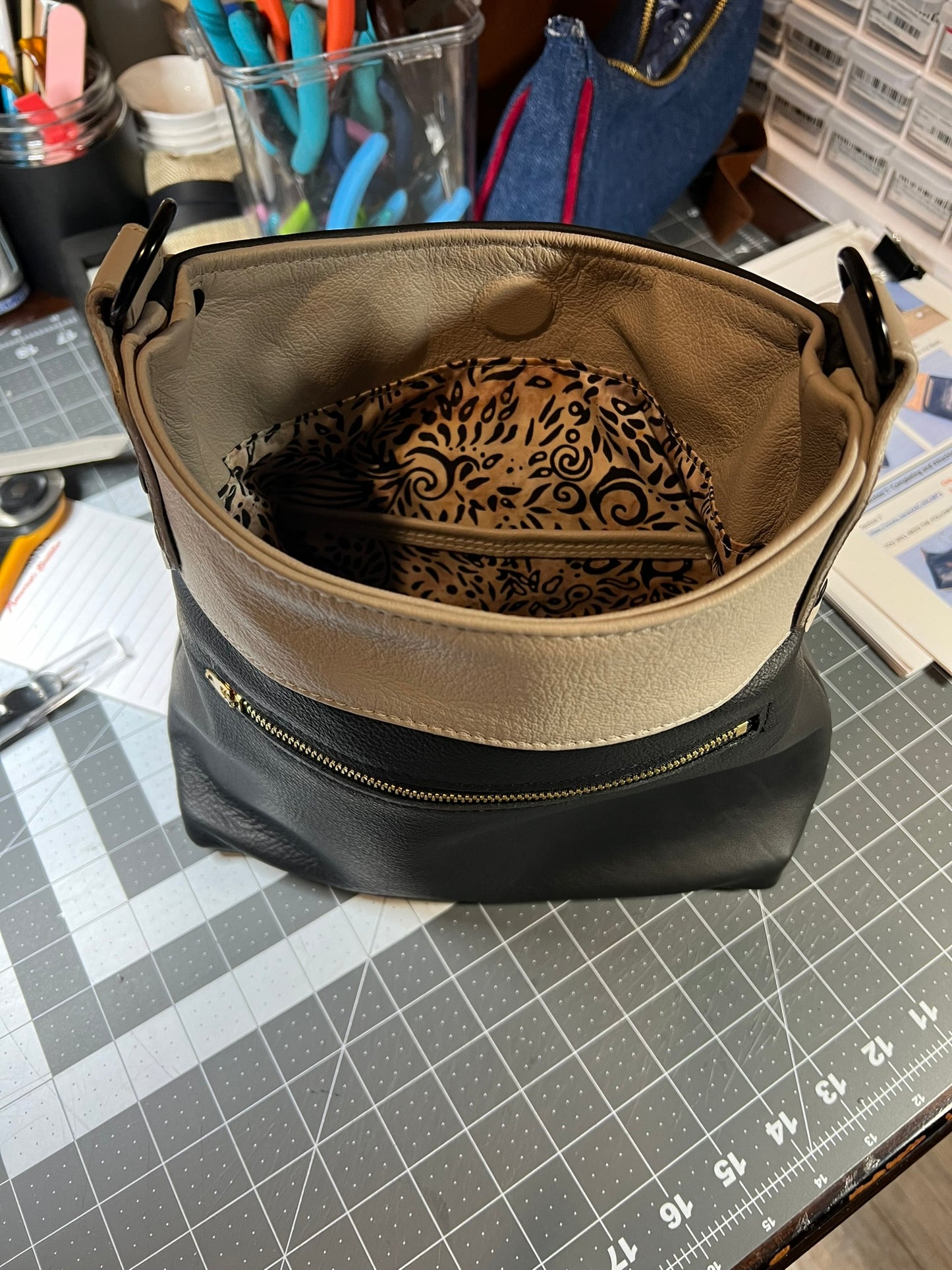 Black and beige leather shoulder or crossbody bag
