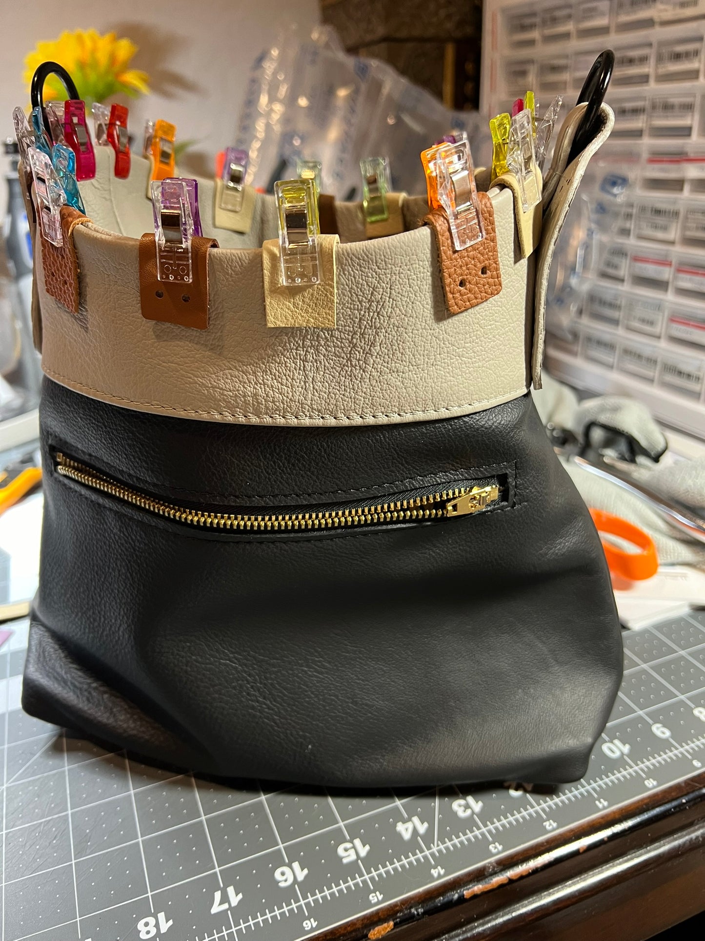 Black and beige leather shoulder or crossbody bag