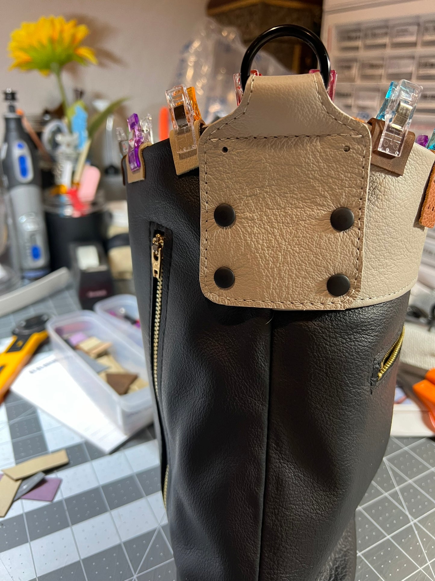 Black and beige leather shoulder or crossbody bag