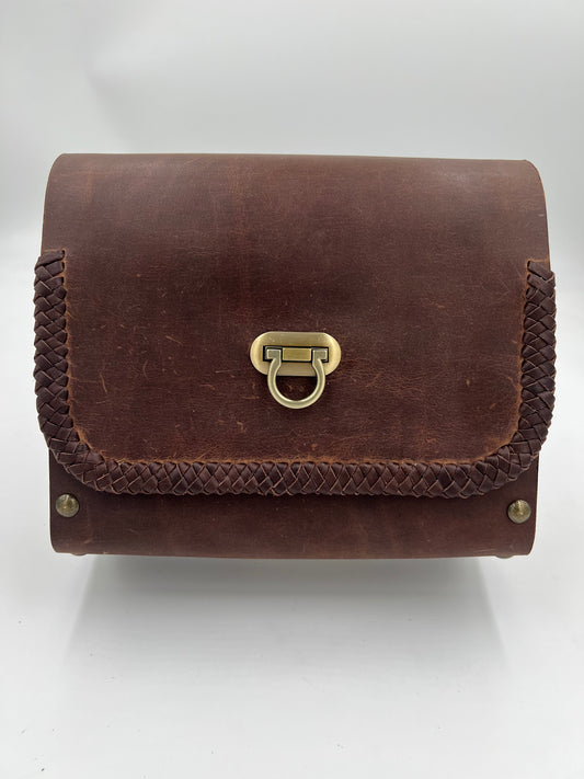 Designer leather and poplar wood crossbody bag with lace edging