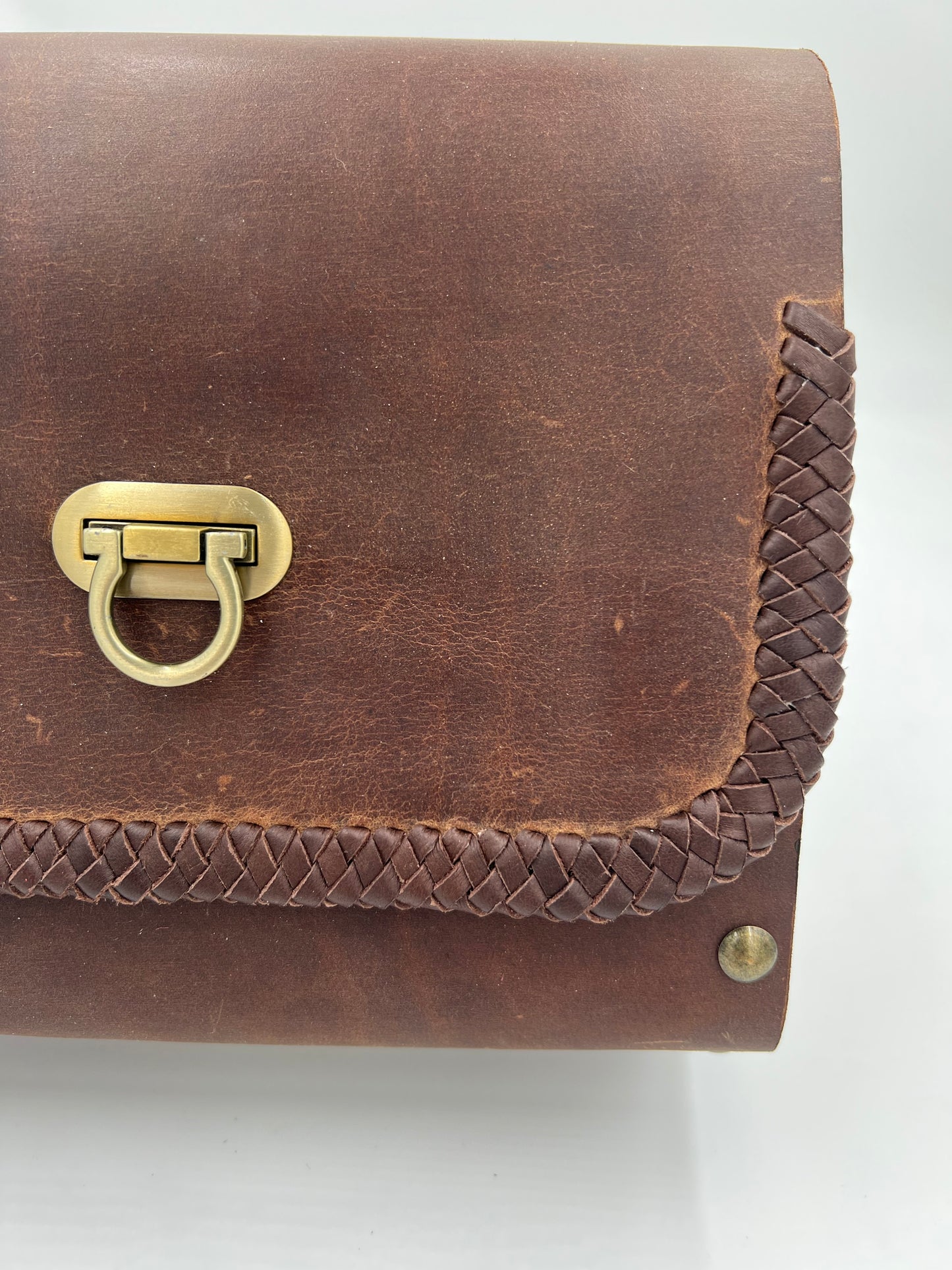 Designer leather and poplar wood crossbody bag with lace edging