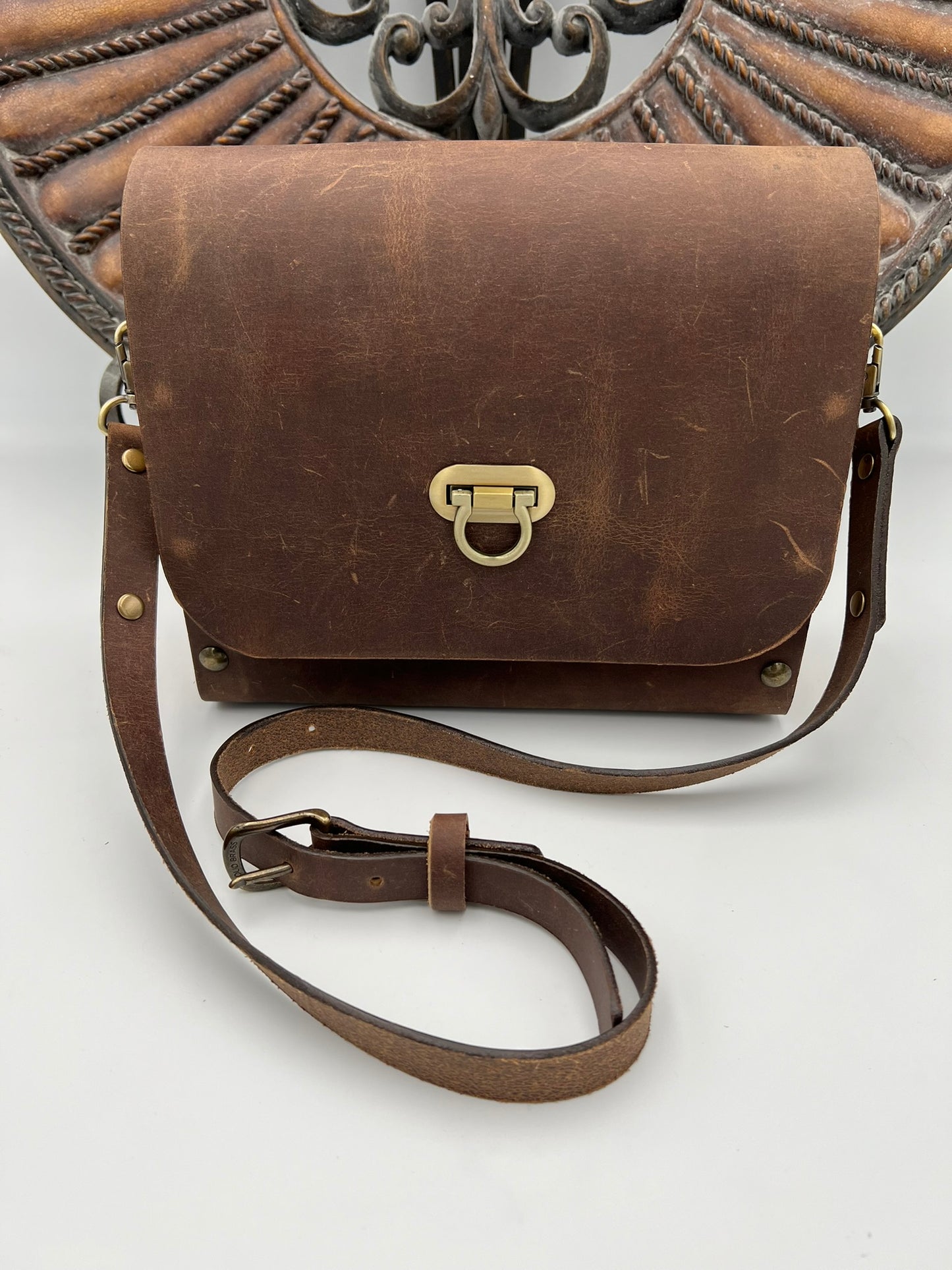 Poplar and crazy horse leather crossbody bag