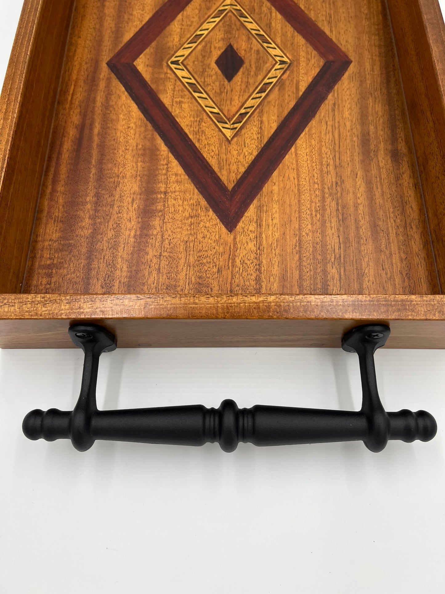Mahogany serving tray with African Padauk and decorative wood inlaid