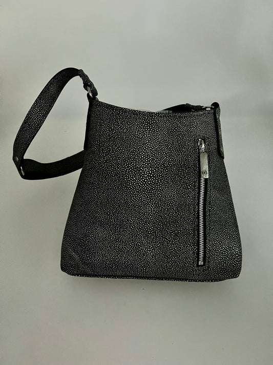Black and white shagreen embossed leather shoulder or crossbody bag