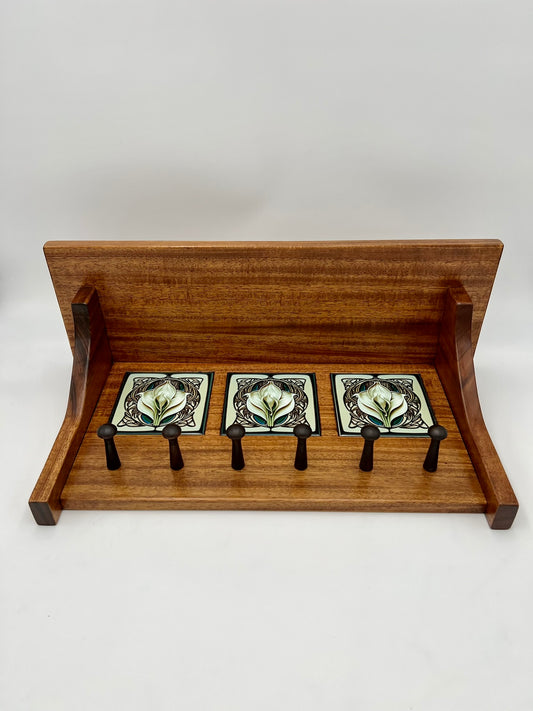 Mahogany key rack and shelf with decorative inlaid tiles