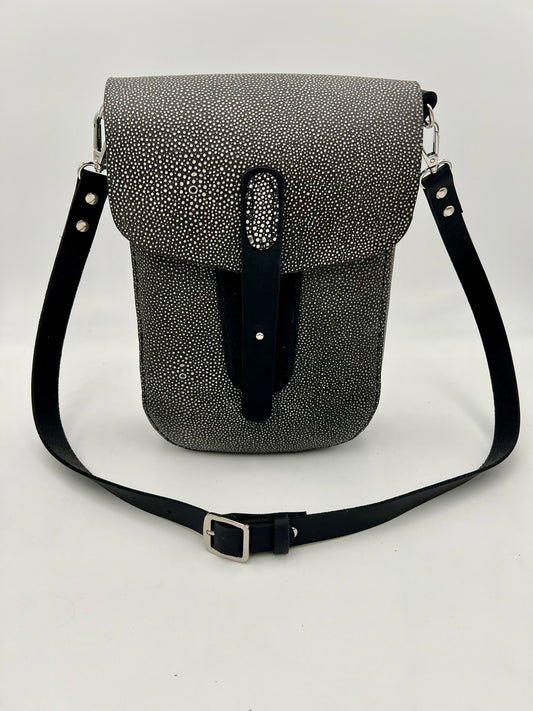 Crossbody satchel with embossed leather