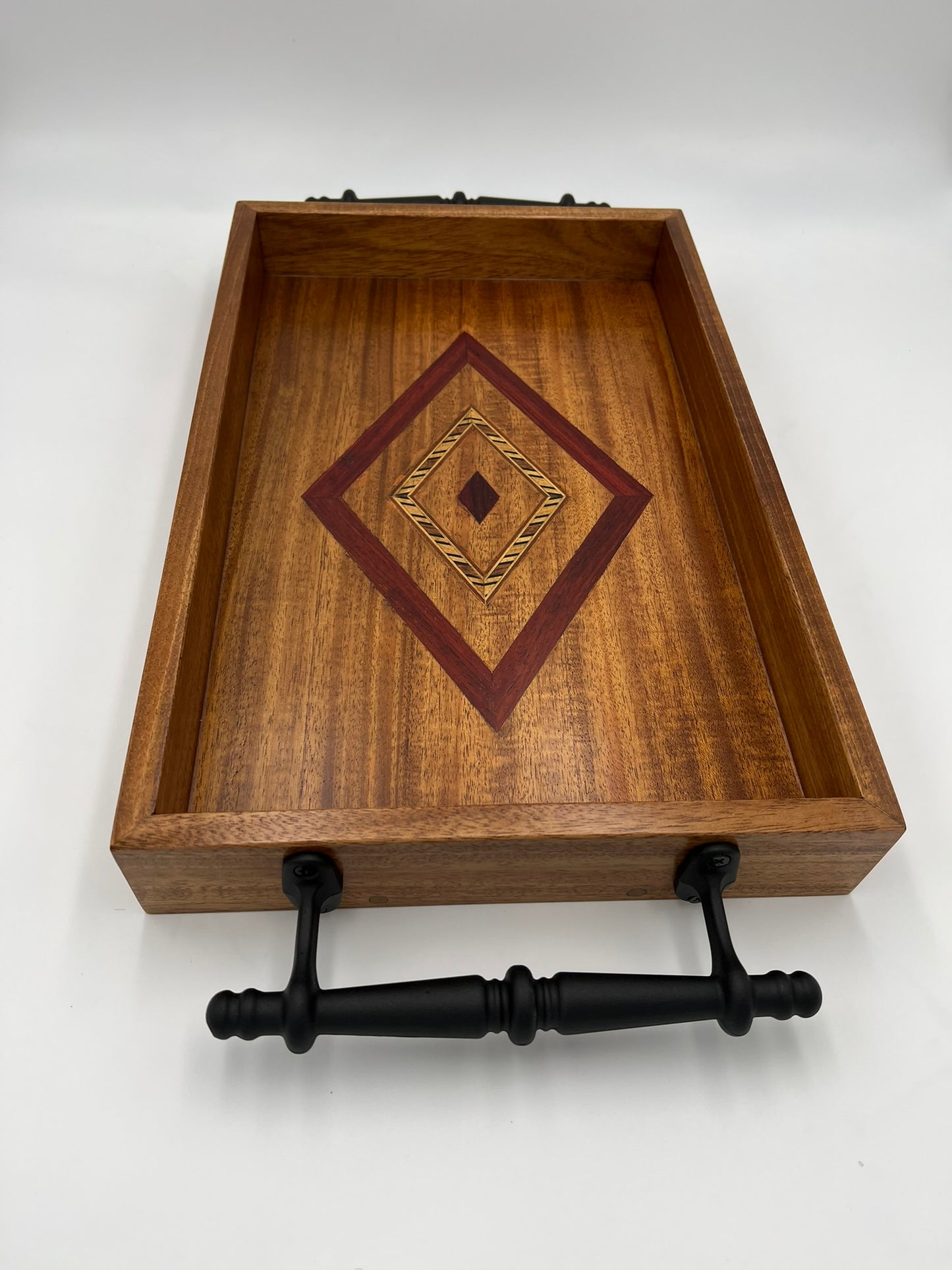 Mahogany serving tray with African Padauk and decorative wood inlaid