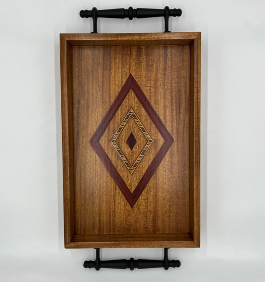 Mahogany serving tray with African Padauk and decorative wood inlaid