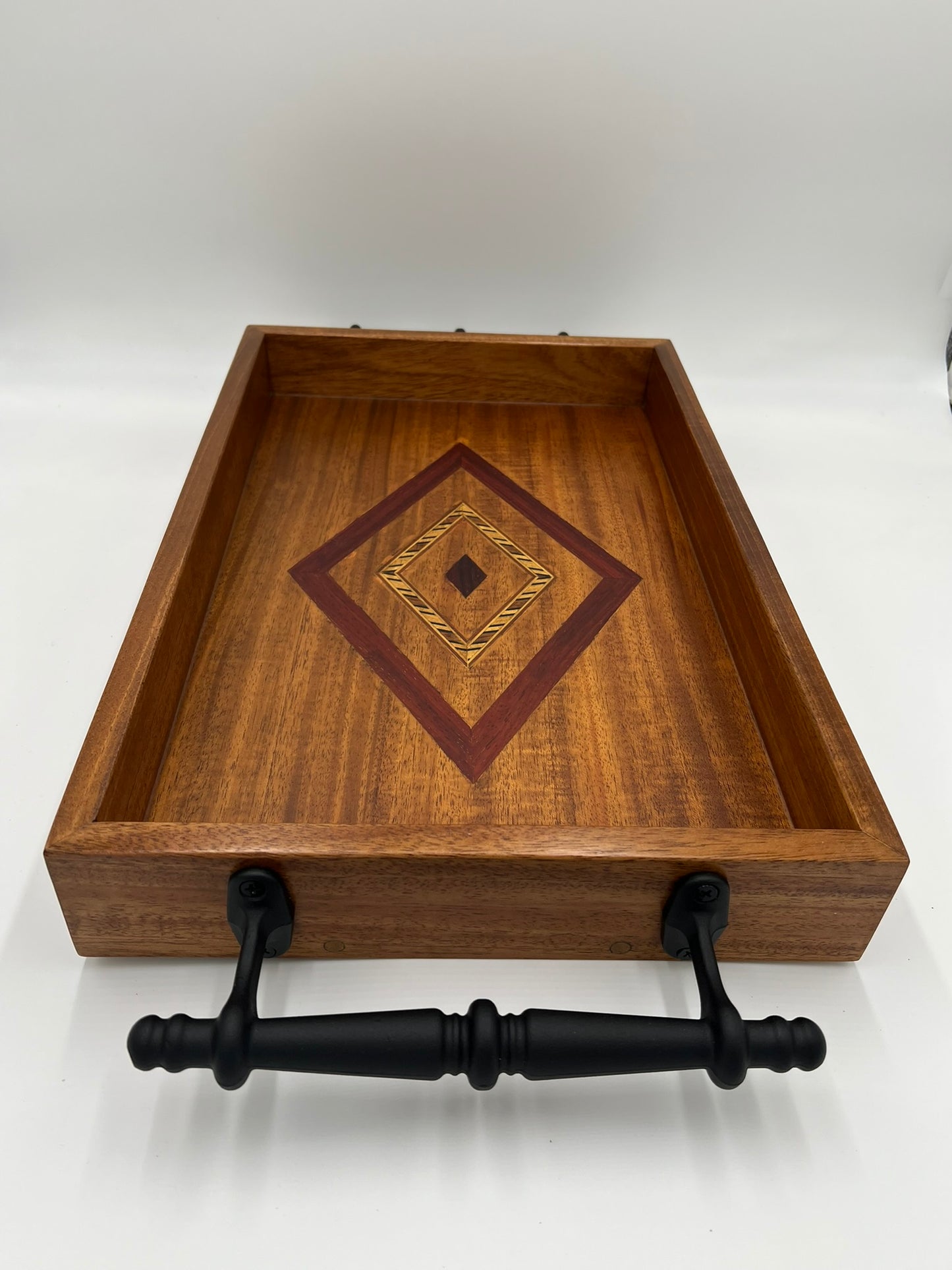 Mahogany serving tray with African Padauk and decorative wood inlaid